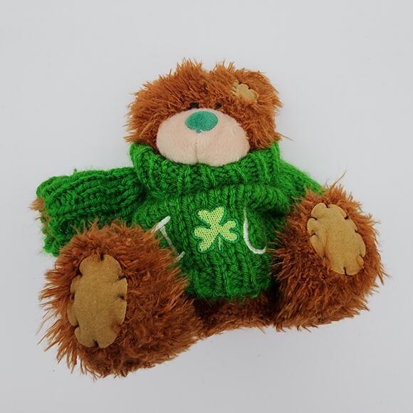 Vtg Irish Softies Patchwork Teddy Bear Plush Ornament 6" Green Shamrock Sweater - Picture 7 of 10